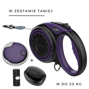 Zestaw smycz automatyczna DOGNESS SMART taśma 4 m (M) do 20 kg + latarka LED + pojemnik fioletowa 