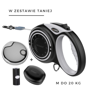 Zestaw smycz automatyczna DOGNESS SMART taśma 4 m (M) do 20 kg + latarka LED + pojemnik szara