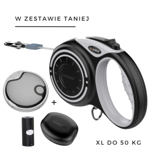 Zestaw smycz automatyczna DOGNESS SMART taśma 5 m (XL) do 50 kg + latarka LED + pojemnik szara 